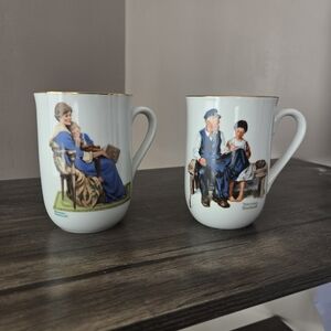 Norman Rockwell Mugs with Gold Trim and Colorful Illustrations